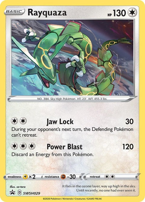 Pokémon Sword & Shield Black Star Promo Rayquaza card from SWSH029 series, featuring detailed artwork of the legendary dragon.