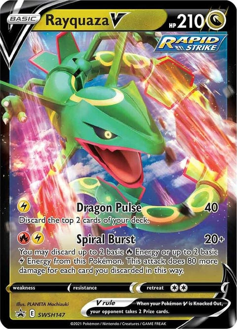 Pokémon Sword & Shield Black Star Promo Rayquaza V trading card, vibrant illustration, detailed Pokémon artwork, SWSH147.