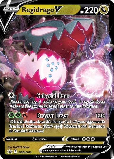 Pokémon Sword & Shield Black Star Promo Regidrago V card from SWSH281 showcasing the Pokémon with vibrant artwork.