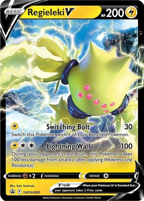 Pokémon Sword & Shield Black Star Promo Regieleki V card, featuring artwork of the Electric-type Pokémon on a black background.