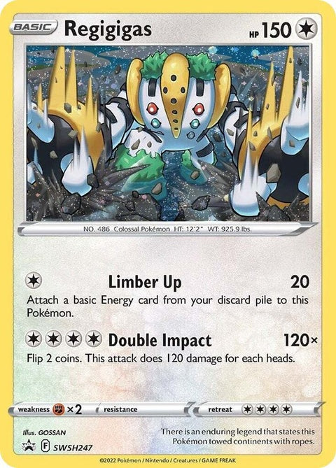 Pokémon Sword & Shield Black Star Promo Regigigas SWSH247 with Cosmos Holo card, featuring detailed artwork and holographic shine.