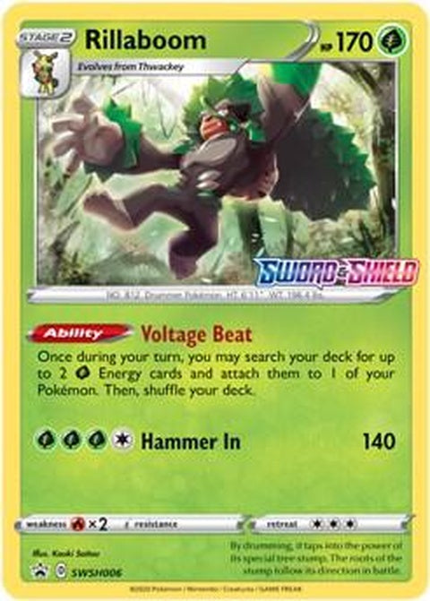 Pokémon Sword & Shield Black Star Promo Rillaboom SWSH006 prerelease card featuring detailed illustration of Rillaboom Pokémon.
