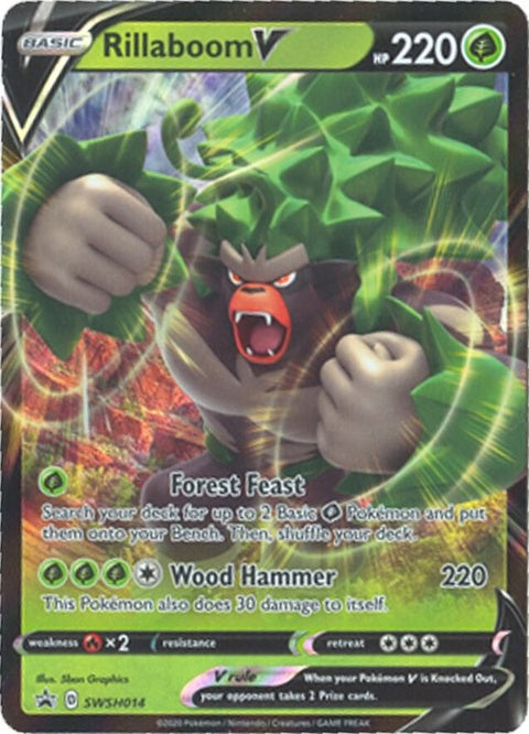 Pokémon Sword & Shield Black Star Promo Rillaboom V card featuring Rillaboom illustration and branding on a white background.