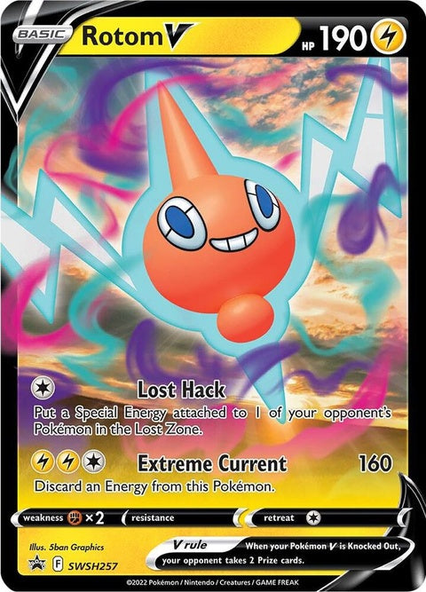 Pokémon Sword & Shield Black Star Promos Rotom V card from SWSH257 series, featuring detailed artwork of Rotom V.