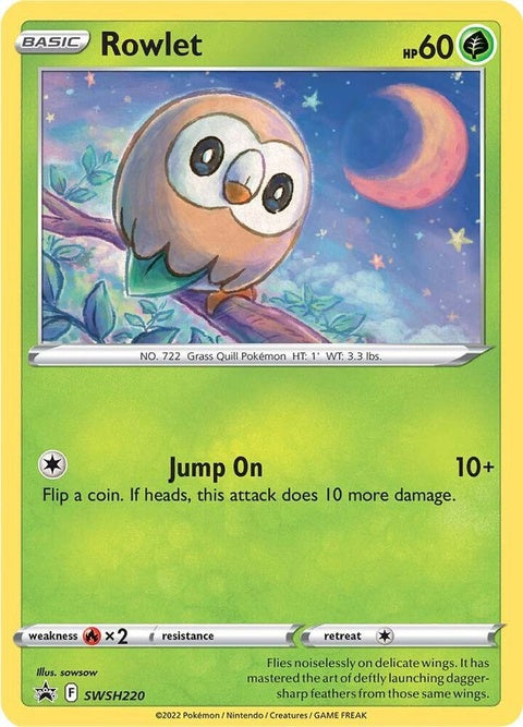 Pokémon Sword & Shield Black Star Promo Rowlet card, featuring artwork of the Grass/Flying-type Pokémon.