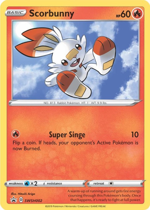 Pokémon Sword & Shield Black Star Promo card featuring Scorbunny from the SWSH002 set, with vibrant artwork and branding.