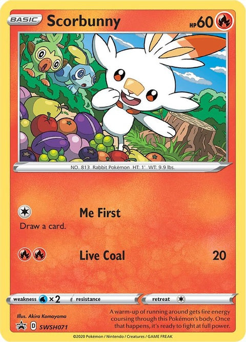 Pokémon Sword & Shield Black Star Promo card featuring Scorbunny, a fire-type Pokémon from the SWSH071 set.