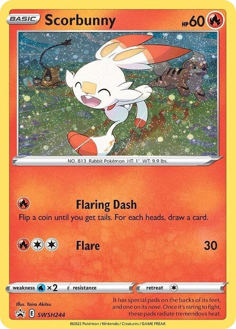 Pokémon Sword & Shield Black Star Promo card featuring Scorbunny with Cosmos Holo design, SWSH244, singles collectible card.