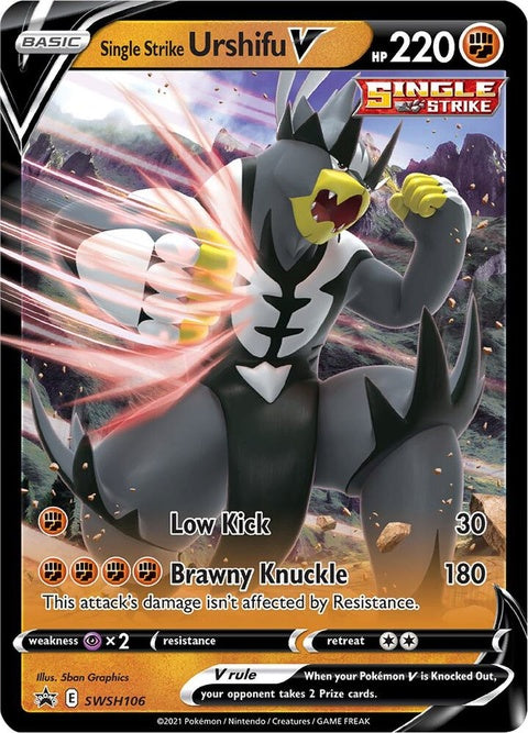 Pokémon Sword & Shield Black Star Promo Single Strike Urshifu V card from SWSH106 set, featuring Urshifu in a fighting stance.