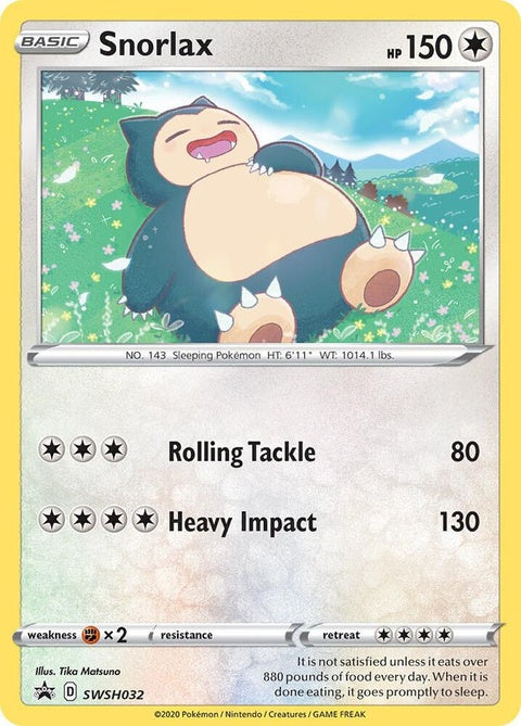 Pokémon Sword & Shield Black Star Promo Snorlax card, featuring artwork of the Pokémon Snorlax from the SWSH032 series.