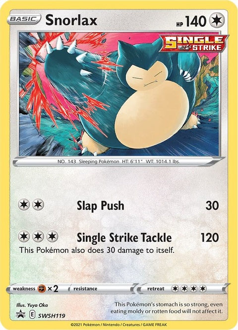 Pokémon Sword & Shield Black Star Promo Snorlax card SWSH119 featuring Snorlax illustration on a black background.