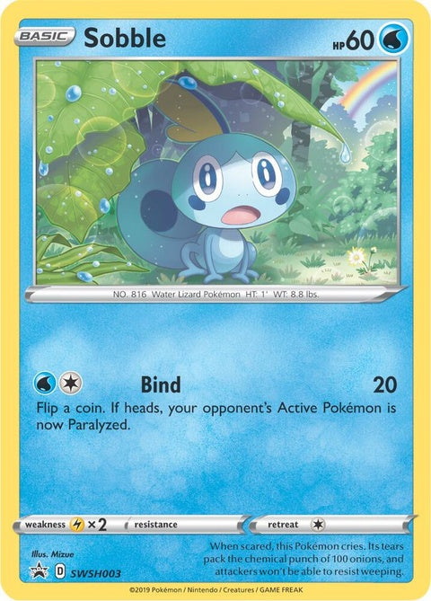 Pokémon Sword & Shield Black Star Promo Sobble card from SWSH003 set, featuring Sobble character with vibrant illustration.