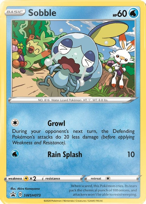Pokémon Sword & Shield Sobble Black Star Promo card SWSH073 featuring Sobble in a colorful design.