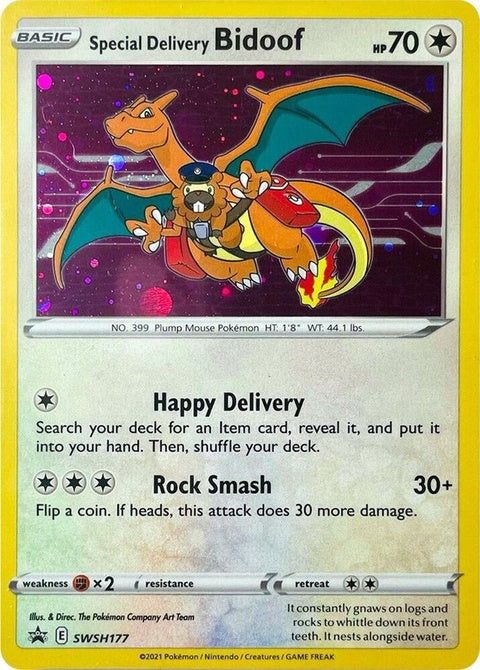 Pokémon Sword & Shield Black Star Promo Special Delivery Bidoof card, SWSH177, featuring Bidoof in a Pokémon trading card image.