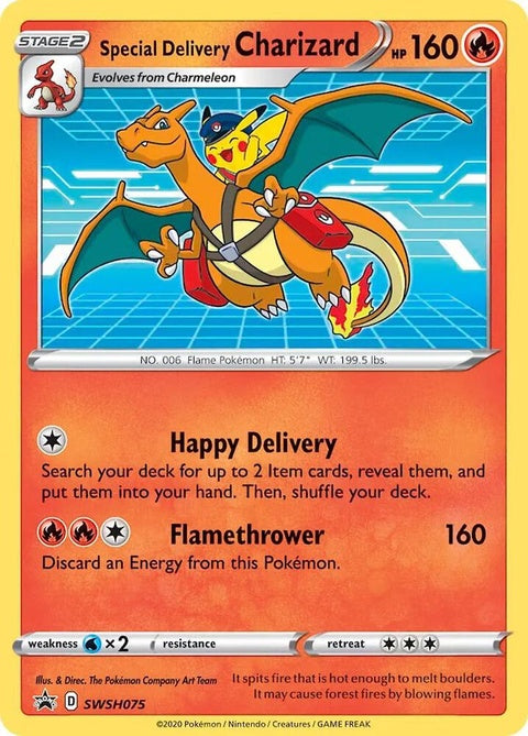 Pokémon Sword & Shield Black Star Promo Special Delivery Charizard card, collectible trading card from SWSH075 series.