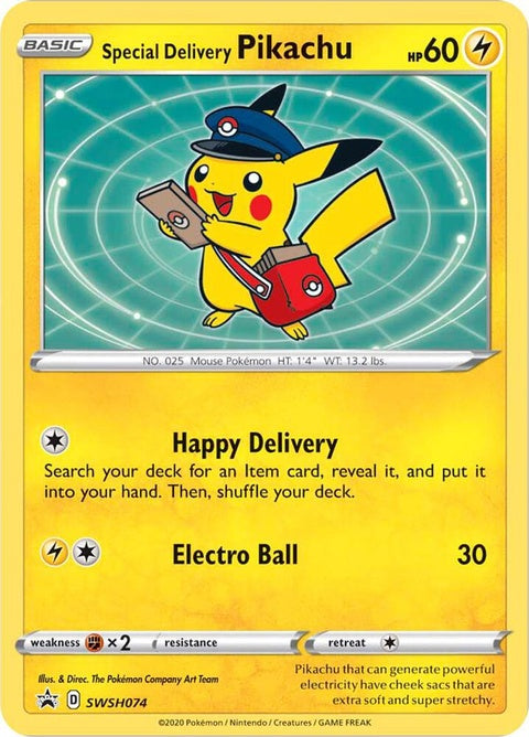Pokémon Sword & Shield Black Star Promo featuring Special Delivery Pikachu card, with vibrant artwork and Pokémon branding.