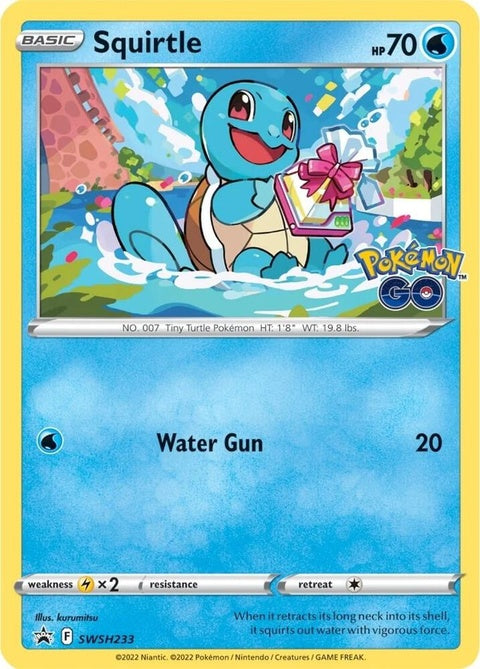 Pokémon Sword & Shield Black Star Promo Squirtle card from SWSH233 set, featuring Squirtle in a detailed illustration.