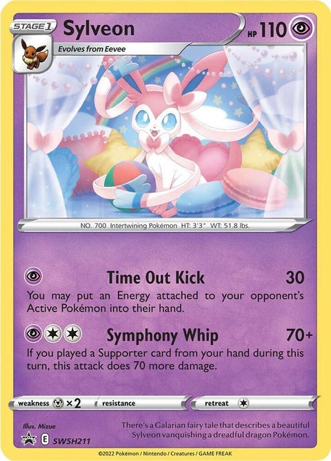 Pokémon Sword & Shield Black Star Promo Sylveon card featuring artwork and details from the SWSH211 set.