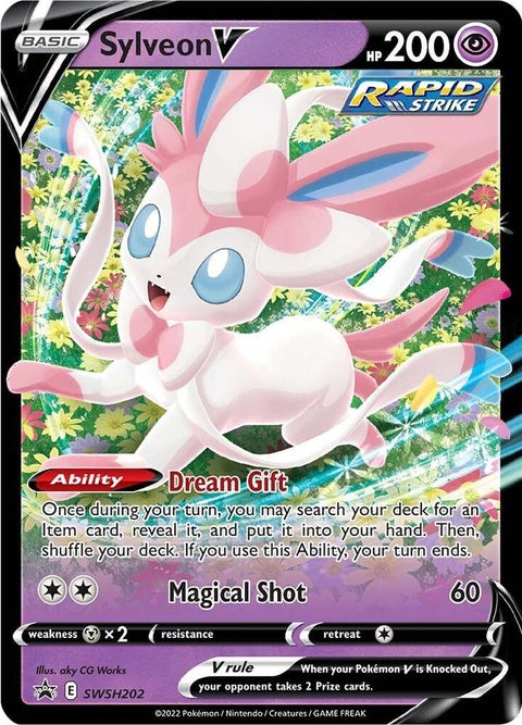 Pokémon Sword & Shield Black Star Promo Sylveon V card from SWSH202 set, featuring vibrant artwork and Pokémon branding.