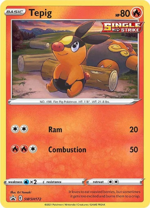 Pokémon Sword & Shield Black Star Promo Tepig card from the SWSH172 series, featuring detailed artwork of Tepig.