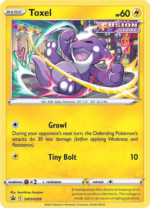 Pokémon Sword & Shield Black Star Promo Toxel card from SWSH209 set, featuring detailed illustration of Toxel on a black background.