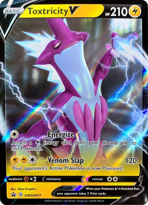 Pokémon Sword & Shield Black Star Promo Toxtricity V card, vibrant illustration, featuring Toxtricity V from the Pokémon TCG.