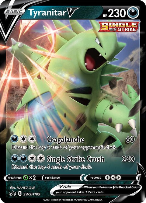 Pokémon Sword & Shield Black Star Promos Tyranitar V card, featuring detailed artwork and vibrant colors.