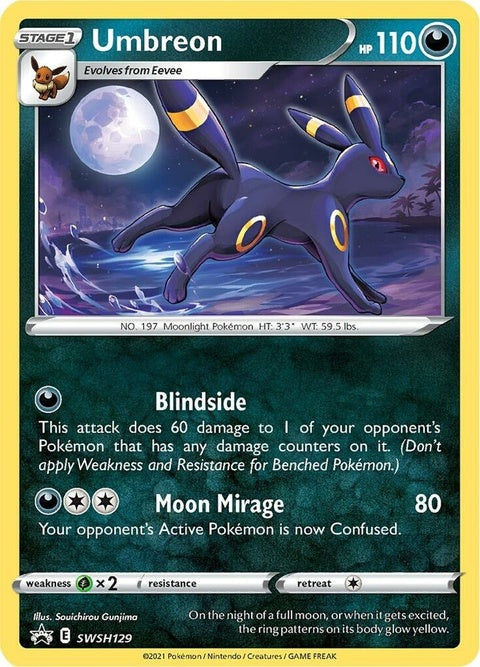 Pokémon Sword & Shield Black Star Promo Umbreon card, SWSH129, featuring a dark-themed illustration of the Pokémon Umbreon.