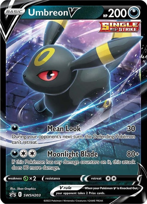 Pokémon Sword & Shield Black Star Promos Umbreon V card from SWSH203 set, featuring a detailed illustration of Umbreon V.