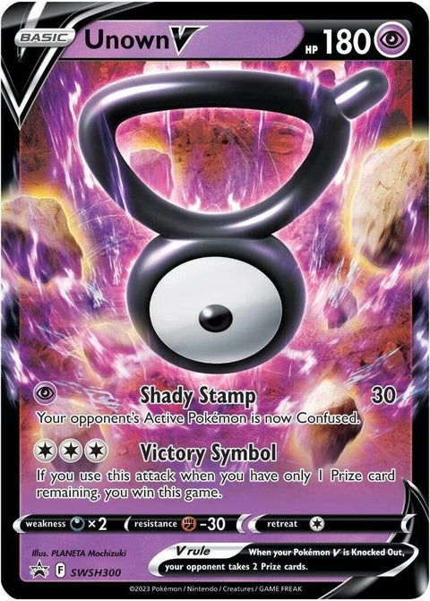 Pokémon Sword & Shield Black Star Promo Unown V card featuring a black and white Unown V illustration.
