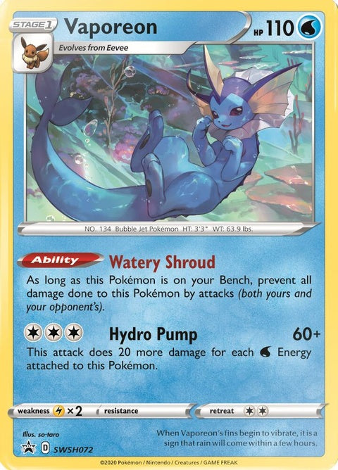 Pokémon Sword & Shield Black Star Promo Vaporeon card, SWSH072, featuring Vaporeon illustration on a black background.
