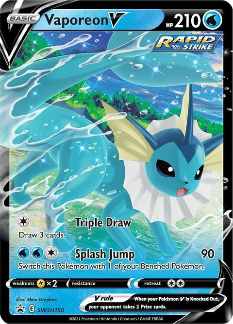 Pokémon Sword & Shield Black Star Promo Vaporeon V card from the SWSH150 set, featuring Vaporeon illustration on a black background.