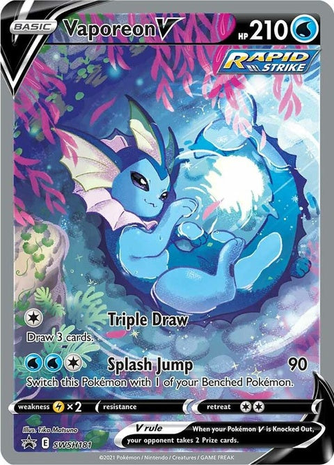 Pokémon Sword & Shield Black Star Promo Vaporeon V card from SWSH181 set, featuring Vaporeon illustration and branding.