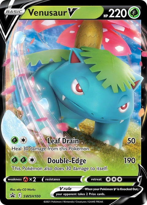 Pokémon Sword & Shield Black Star Promos Venusaur V card featuring vibrant artwork and detailed design.