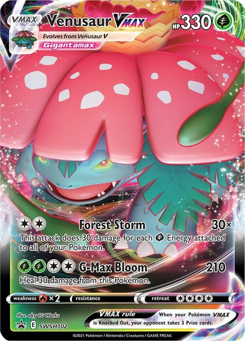 Pokémon Sword & Shield Black Star Promo Venusaur Vmax card from SWSH102 set, featuring vibrant artwork and detailed card design.