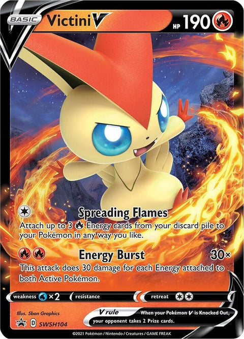 Pokémon Sword & Shield Black Star Promos Victini V card, featuring vibrant artwork and details on a Pokémon TCG card.