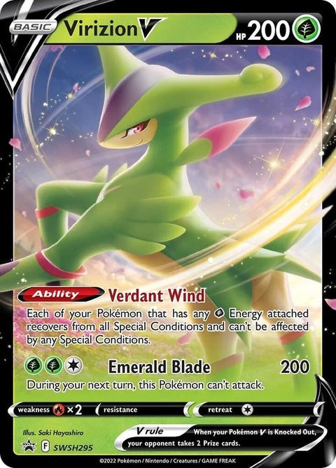 Pokémon Sword & Shield Black Star Promo Virizion V card from SWSH295 featuring a green and white Pokémon with a shield in the background.
