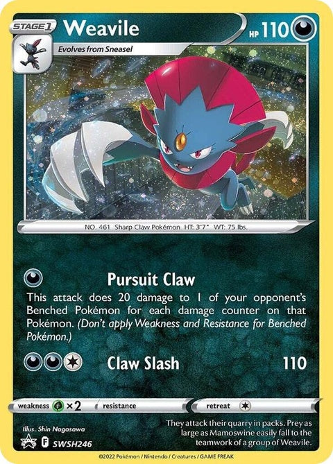Pokémon Sword & Shield Black Star Promo Weavile SWSH246 with Cosmos Holo, collectible trading card featuring Weavile from Pokémon series.