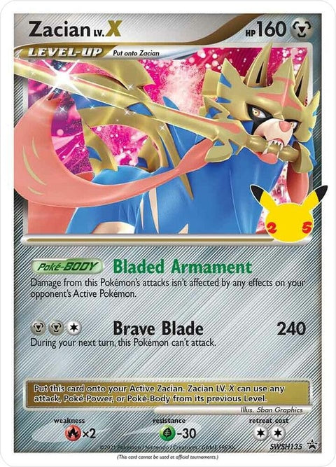 Pokémon Sword & Shield Black Star Promo Zacian Lv. X card from SWSH135, featuring a detailed illustration of Zacian in a trading card format.