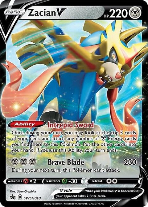 Pokémon Sword & Shield Black Star Promo Zacian V card from SWSH018, featuring artwork of the legendary Pokémon Zacian.