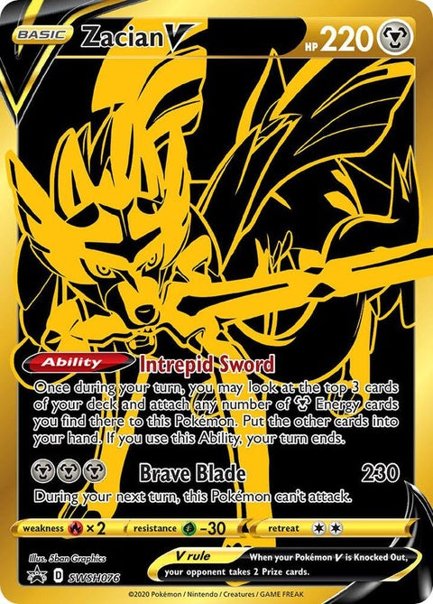 Pokémon Sword & Shield Zacian V Black Star Promo card, SWSH076, featuring vibrant artwork of the Legendary Pokémon Zacian.