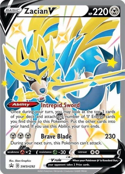 Pokémon Sword & Shield Black Star Promos Zacian V shiny card, featuring a detailed illustration of the Pokémon Zacian.