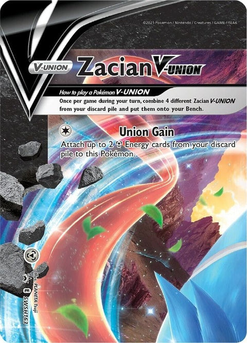 Pokémon Sword & Shield Black Star Promo Zacian V-Union card from SWSH163 set, featuring Zacian V-Union artwork on a trading card.
