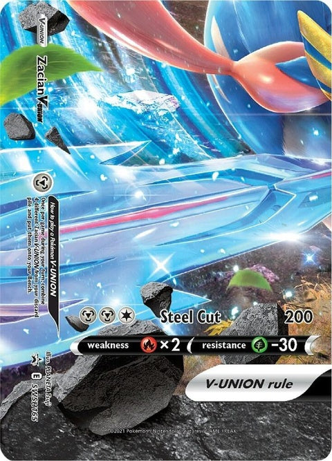 Pokémon Sword & Shield Black Star Promo Zacian V-Union card from SWSH165 set, featuring vibrant artwork of the Pokémon Zacian.