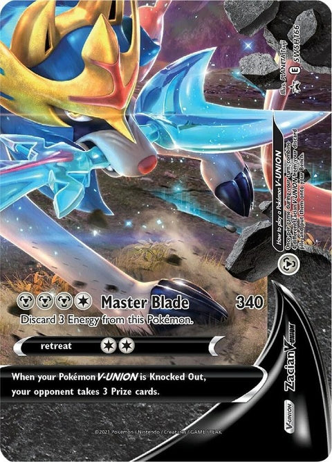 Pokémon Sword & Shield Zacian V-Union Black Star Promo card from the SWSH166 set, featuring detailed artwork of Zacian.