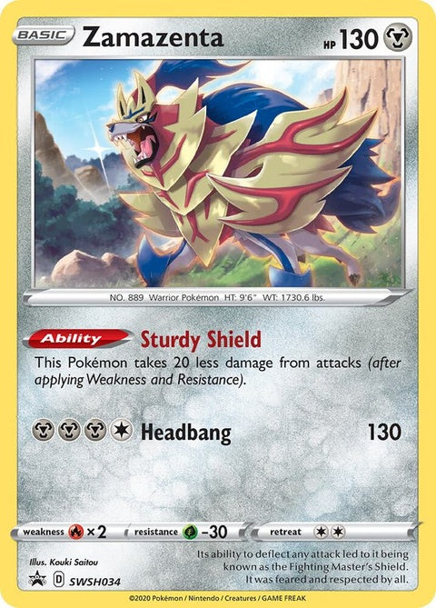 Pokémon Sword & Shield Black Star Promo Zamazenta card, SWSH034, featuring Zamazenta in a dynamic pose on a black background.