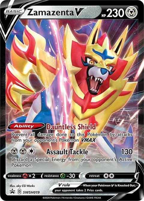 Pokémon Sword & Shield Zamazenta V Black Star Promo card from the SWSH019 set, featuring Zamazenta V with vibrant artwork.