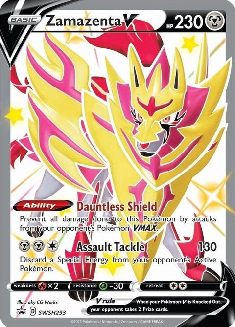 Shiny Zamazenta V Pokémon Sword & Shield Black Star Promo card from SWSH293, featuring a detailed illustration of the Pokémon.
