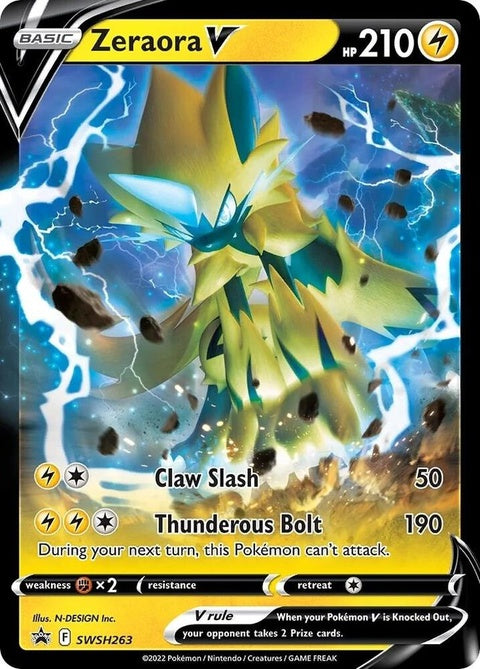 Pokémon Sword & Shield Black Star Promo Zeraora V trading card, featuring Zeraora V in a dynamic pose with black star design.