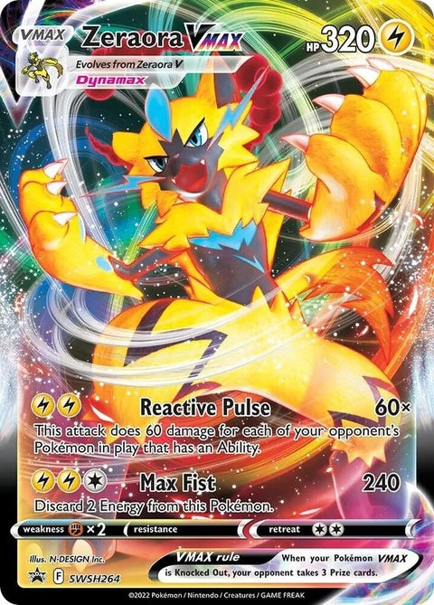Pokémon Sword & Shield Black Star Promo Zeraora Vmax card from SWSH264 set, featuring vibrant artwork and detailed design.